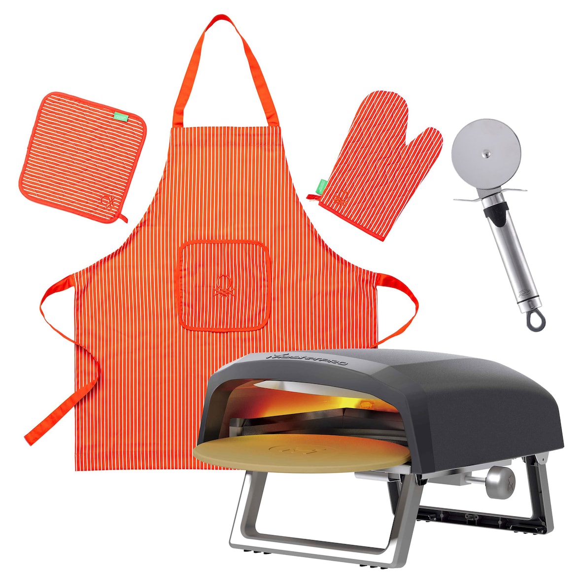 Bergner - Draaibare gas-pizzaoven 64x42,5x30 cm tot 500 ºC met pizzasnijder van roestvrij staal en 3-delige schortset in rood