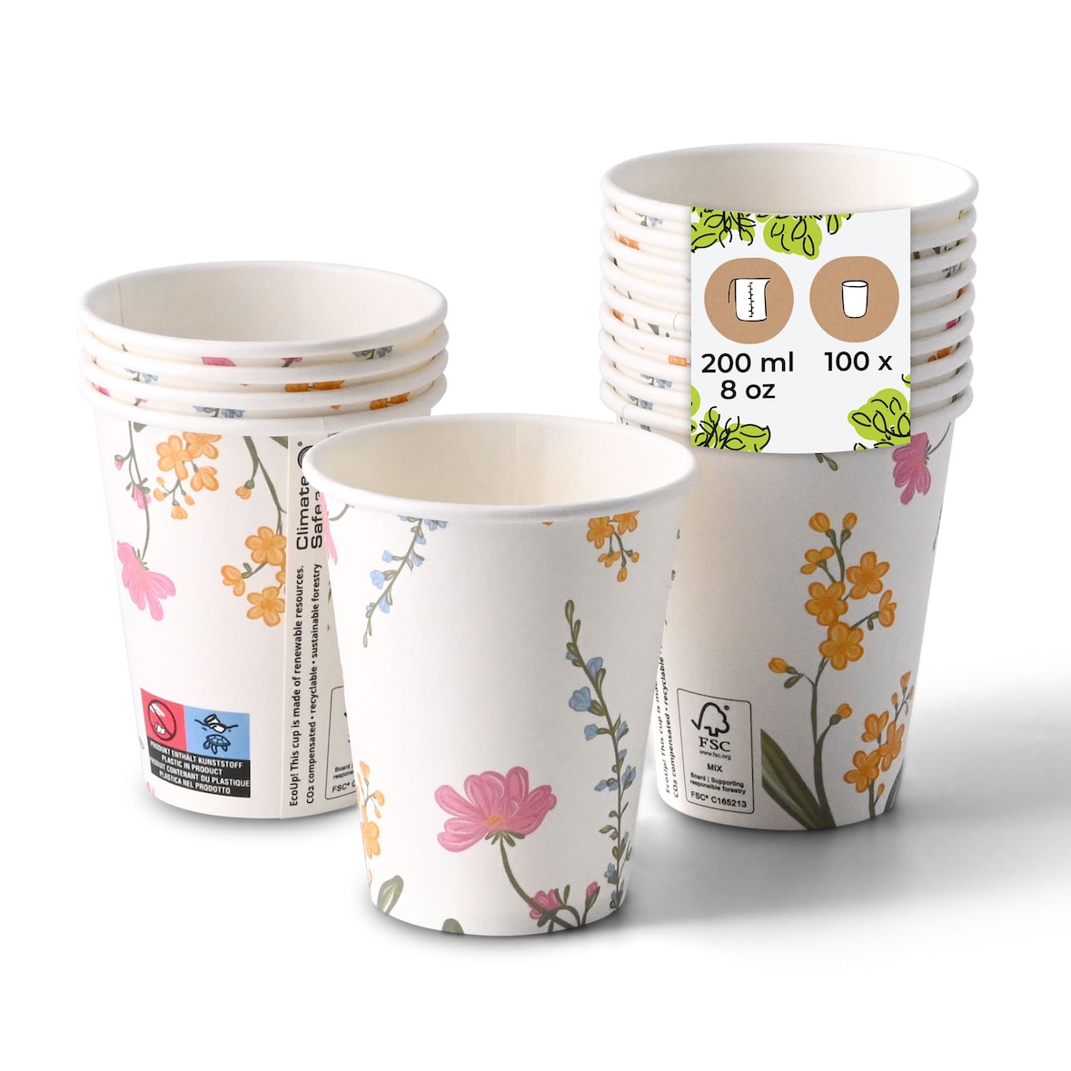 BIOZOYG Pappbecher bedruckt 100 Stück Blumen 200ml/8oz, Ø 80mm Weiß - Kaffeebecher to go - Pappe beschichtet mit PE - Trinkbecher/Einweg