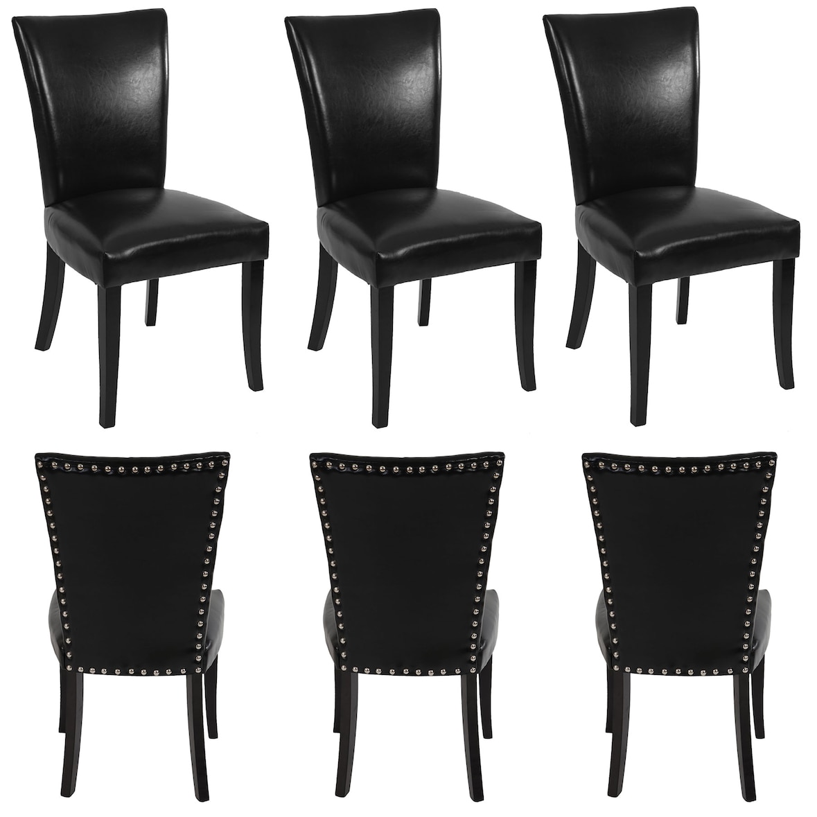 Set van 6 eetkamerstoel Chesterfield, stoel keukenstoel, klinknagels ~ kunstleer, zwart, donkere poten