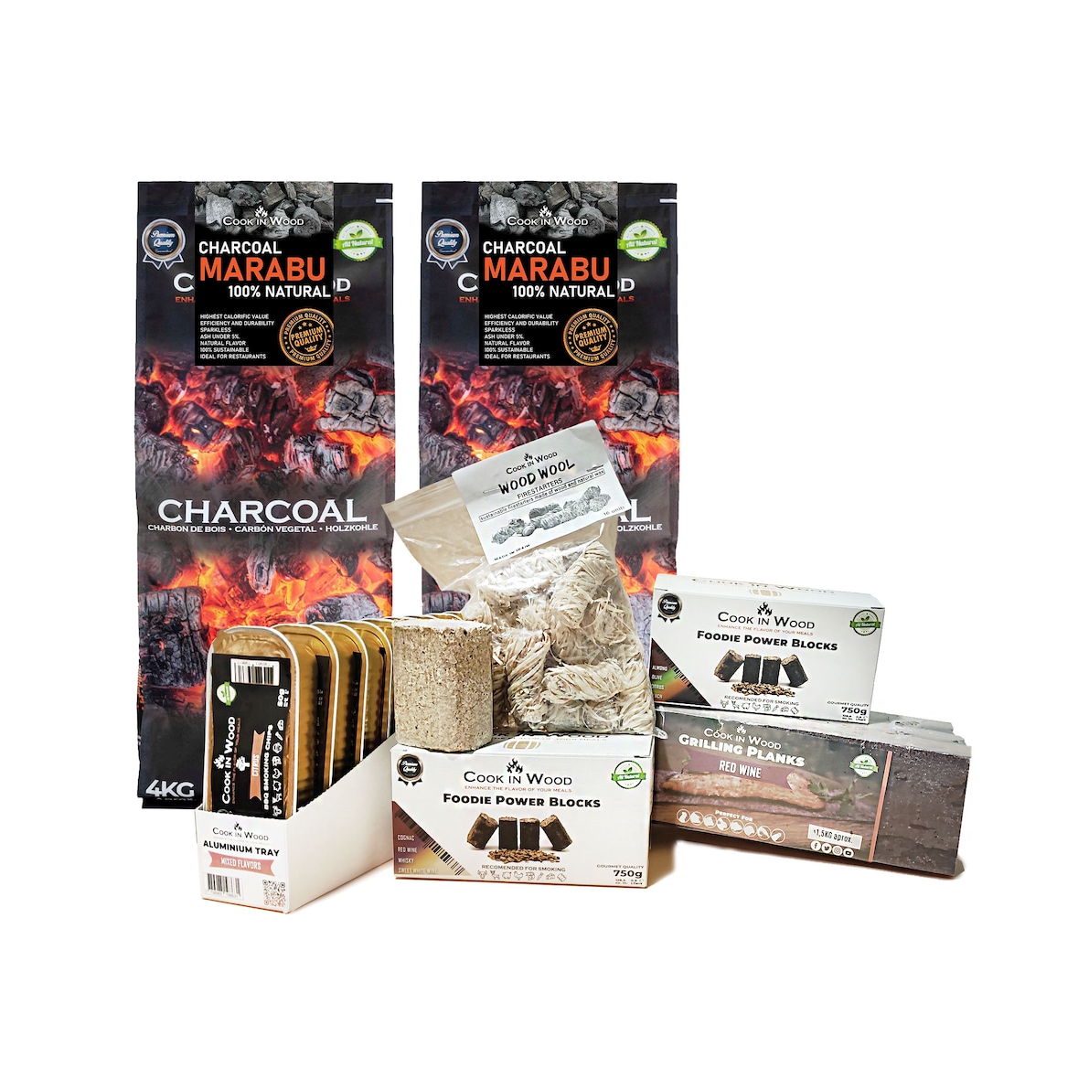 ⭐ Kit Premium Barbacoa 1 – Cook in Wood, Todo Incluido para BBQ Gourmet, Carbón, Planks, Encendedores y Chips ⭐