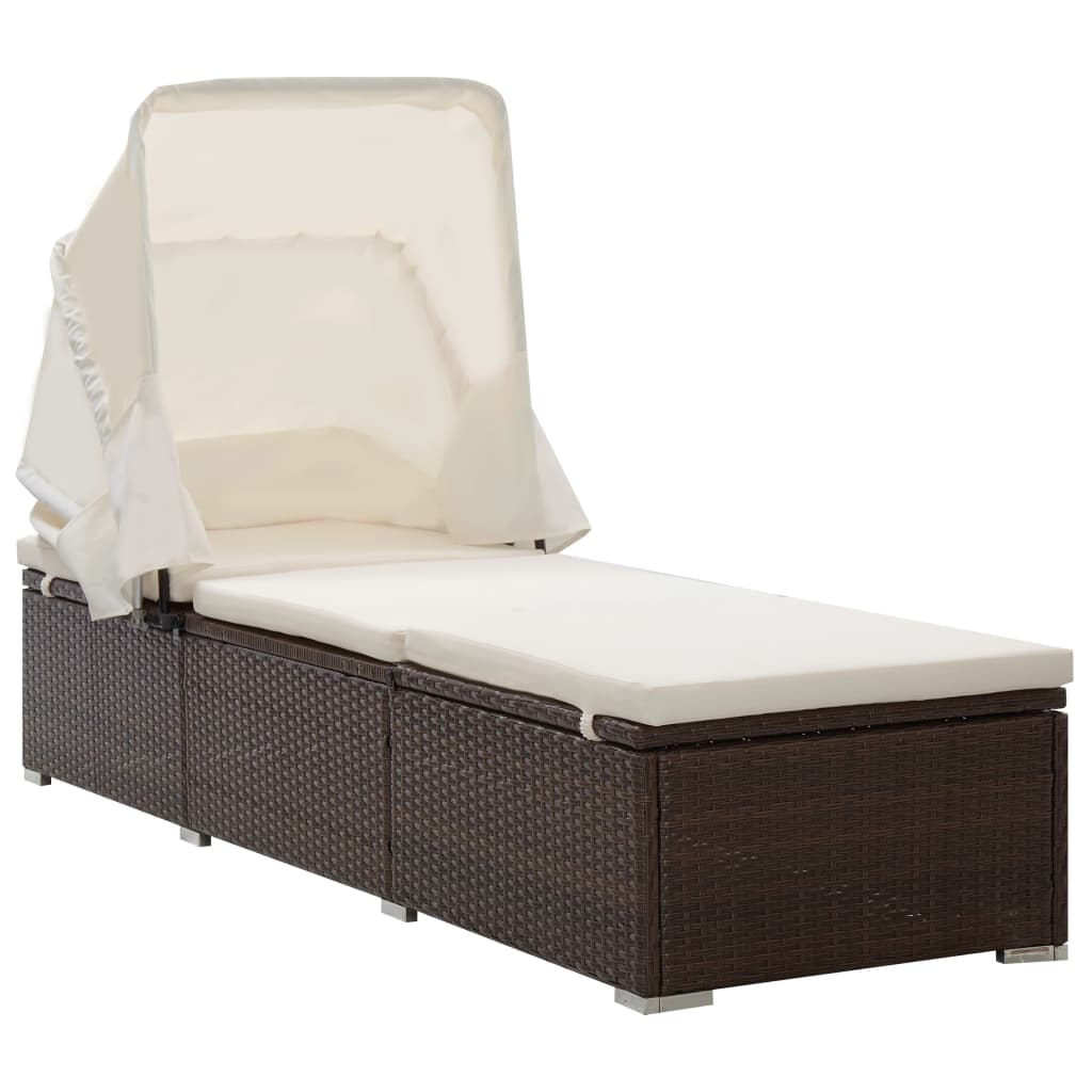 Helloshop26 - Sonnenliege Deckstuhl Sonnenbett Gartenbett Terrassenmöbel mit Sonnendach und Kissen braunes Kunstharzgewebe 02_0012274