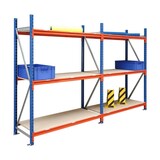 thumbnail of PROREGAL Weitspannregal MOOSE Stecksystem Omega-Profil, Grundregal, HxBxT 200x185x100cm, 3 Ebenen, Spanplatten-Fachboden, Fachlast 790kg, Blau/Orange