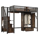 thumbnail of Metall-Hochbett 90x200 cm in Schwarz mit modernem Geländerdesign, integrierter Leiter und großzügigem Stauraum mit Kleiderschrank und Schubladen