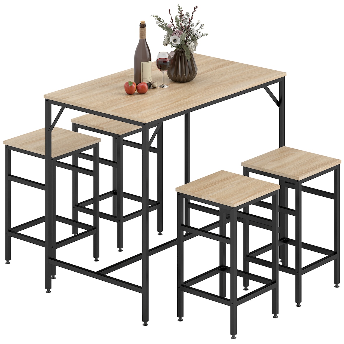 Set de Mesa de Bar y 4 Taburetes con Reposapiés Juego de Muebles Altos con Mesa de 100x60x88 cm Taburetes de 32x32x57 cm para Comedor Cocina Roble