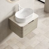 thumbnail of Waschtisch 50x60x46 Ovales Keramikbecken Travertin Sinterstein Soft-Close Schublade Badmöbel Schrank Beige+Off White+Weiß