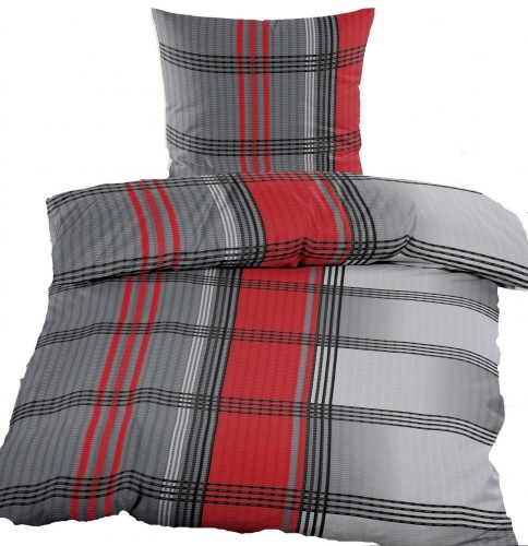 KH-Haushaltshandel Seersucker Bettwäsche 135x200 +80x80cm, bügelfrei, Microfaser, rot grau, kariert