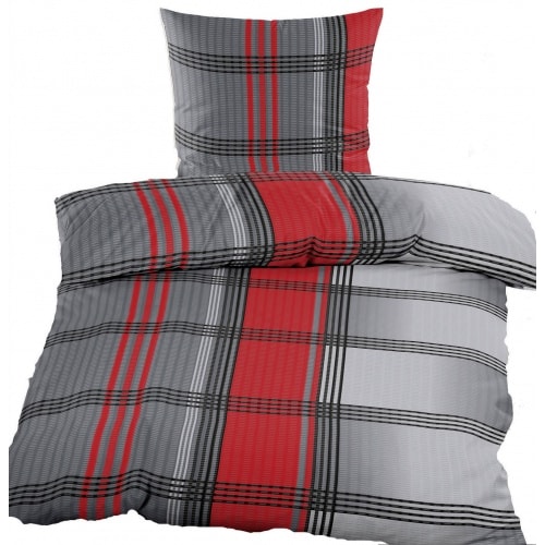 Seersucker Bettwäsche 135x200 +80x80cm, bügelfrei, Microfaser, rot grau, kariert