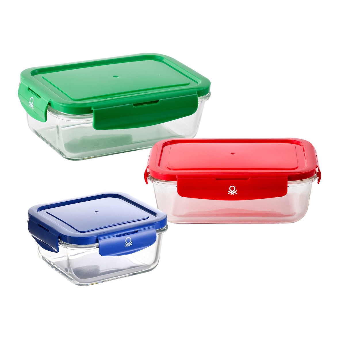 Benetton - Set di 3 bottiglie rettangolari ermetiche da 1180 ml/840 ml/690 ml in borosilicato arcobaleno