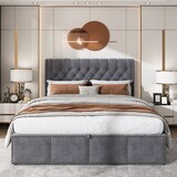 thumbnail of Bett 180x200 mit hohem Kopfteil, Stauraum und Bettkasten Europäisches Design mit Nietendekor Elegantes Doppelbett mit 108 cm Rückenlehne Grau