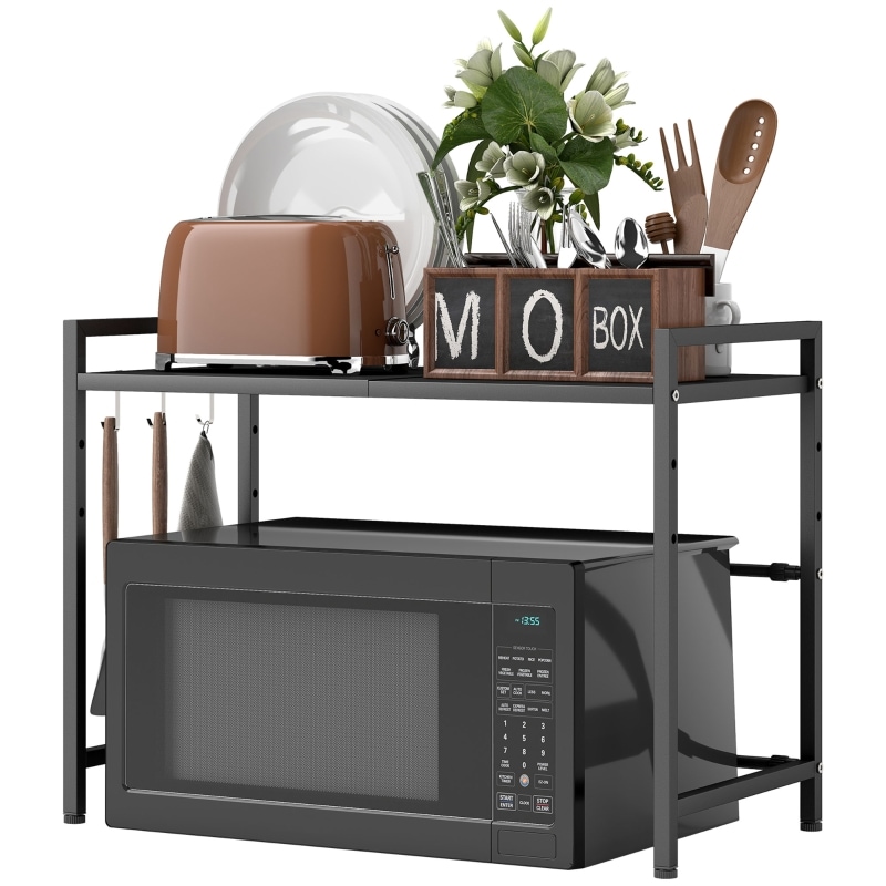 Mikrowellenregal ausziehbar Schwarz 64x32x48 cm mit 3 Haken Metall Küchenregal für Arbeitsplatte, stabiler Organizer mit 40 cm Freiraum