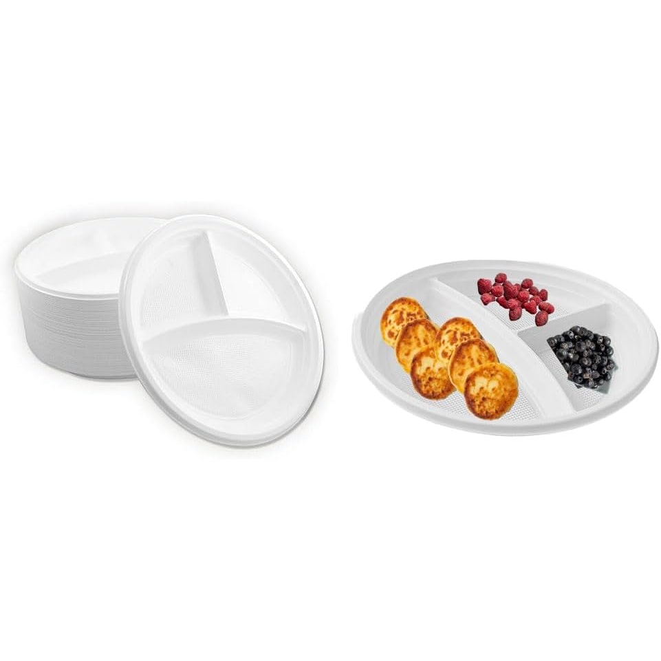 100 Stück Mehrweg-Menüteller 3-geteilt – Ø22 cm Plastikteller Spülmaschinengeeignet