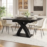 thumbnail of Ausziehbarer Esstisch 160x80x76  Schwarz mit schwarz weißer Musterplatte X Querstreben Metallauszug MDF Tischplatte für Küche Wohnzimmer Balkon
