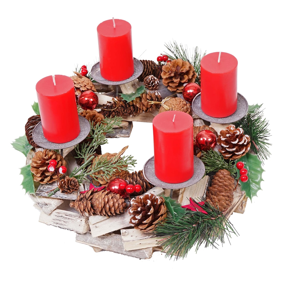 Adventskranz HWC-H49, Weihnachtsdeko Adventsgesteck Gesteck, Holz FSC®-zertifiziert rund Ø 33cm ~ inkl. 4x Kerzen rot