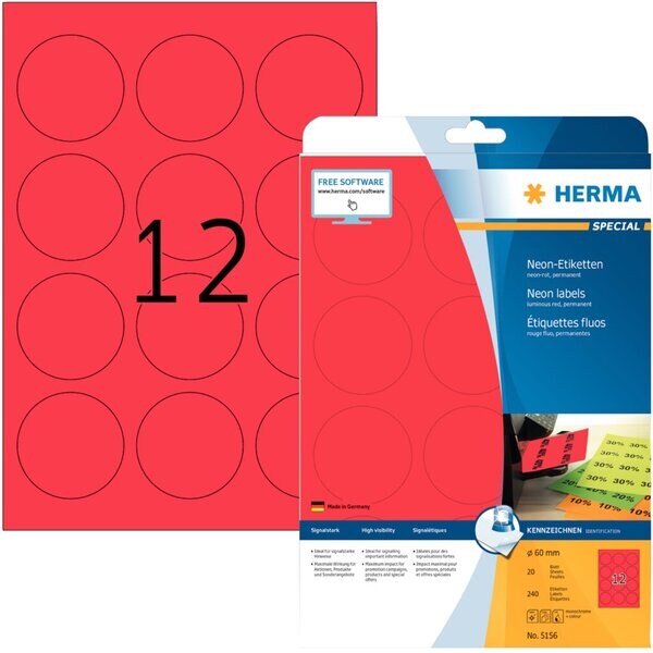 Neonetiketten Ø 60 mm, 240 Etiketten, leuchtrot, rund