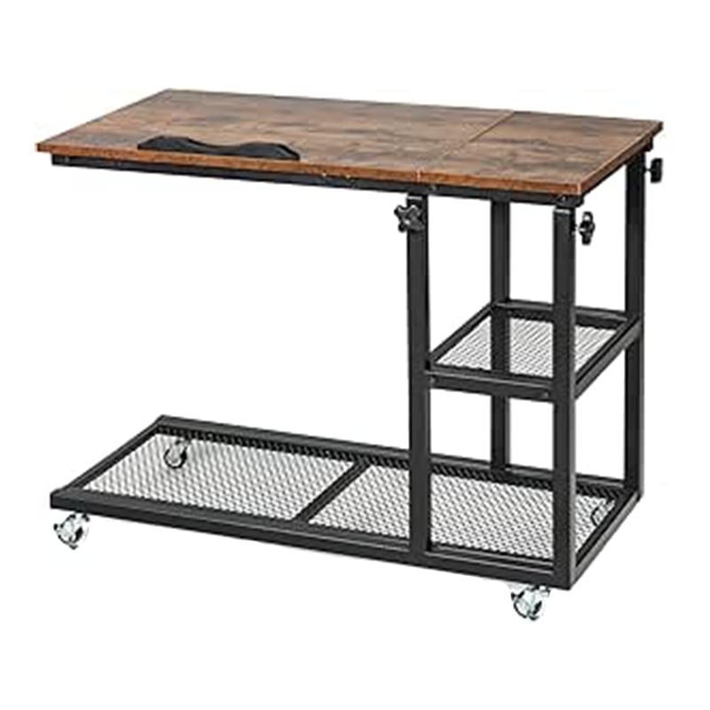 COSTWAY Mesa lateral de madeira, ajustável em altura e inclinável, mesa de sofá, formato em C, 3 níveis, mesa para computador portátil com rodas