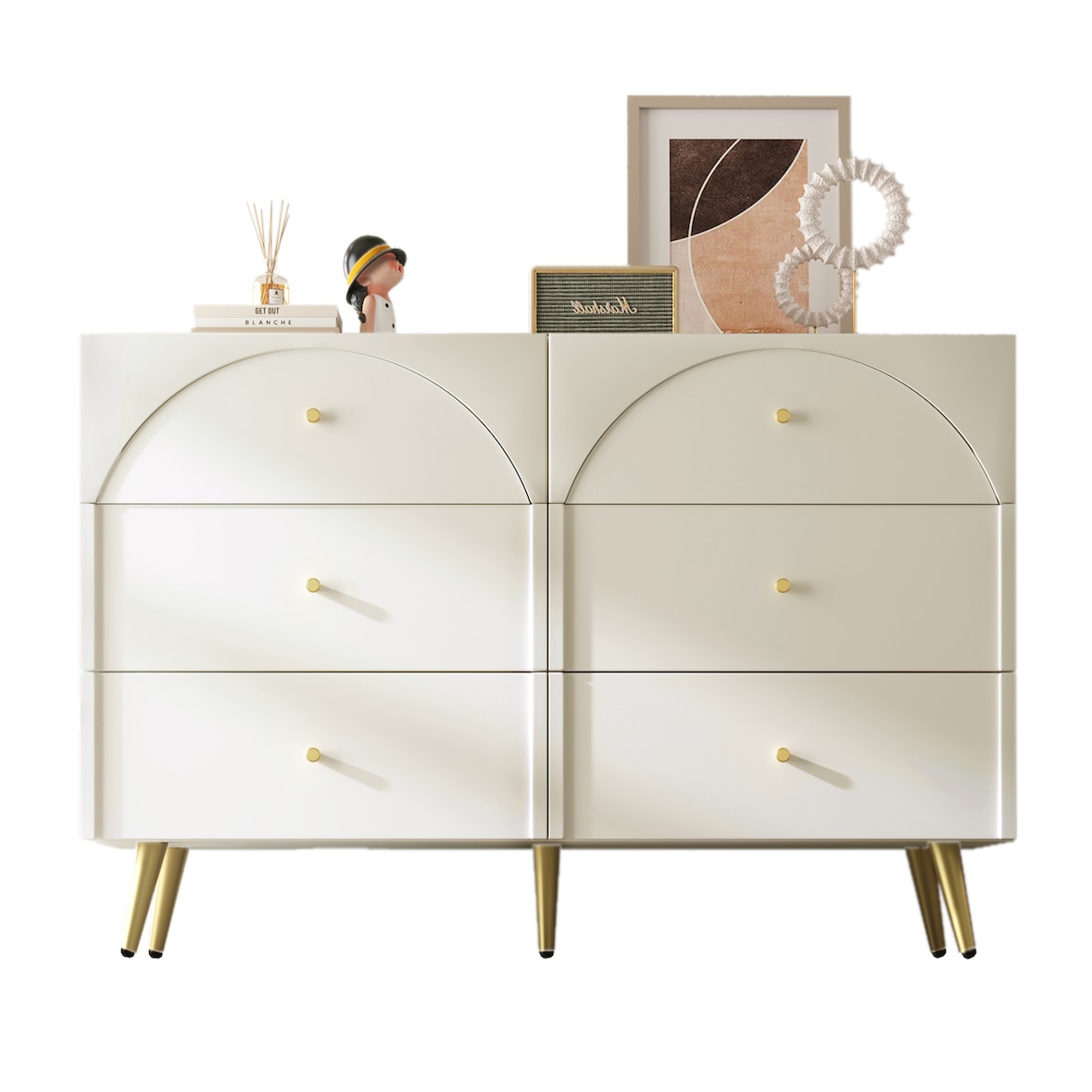 Merax Sideboard, Kommode mit 6 Schubladen, Weiß Sideboard Highboard, Creme-Weiß -H85/B120/T40 cm