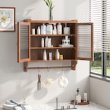 thumbnail of Hängeschrank mit Glastüren 63x60x18  Braun mit Fluted Glas und Handtuchhalter, 3 Ebenen, Vintage Design, Massivholz+MDF