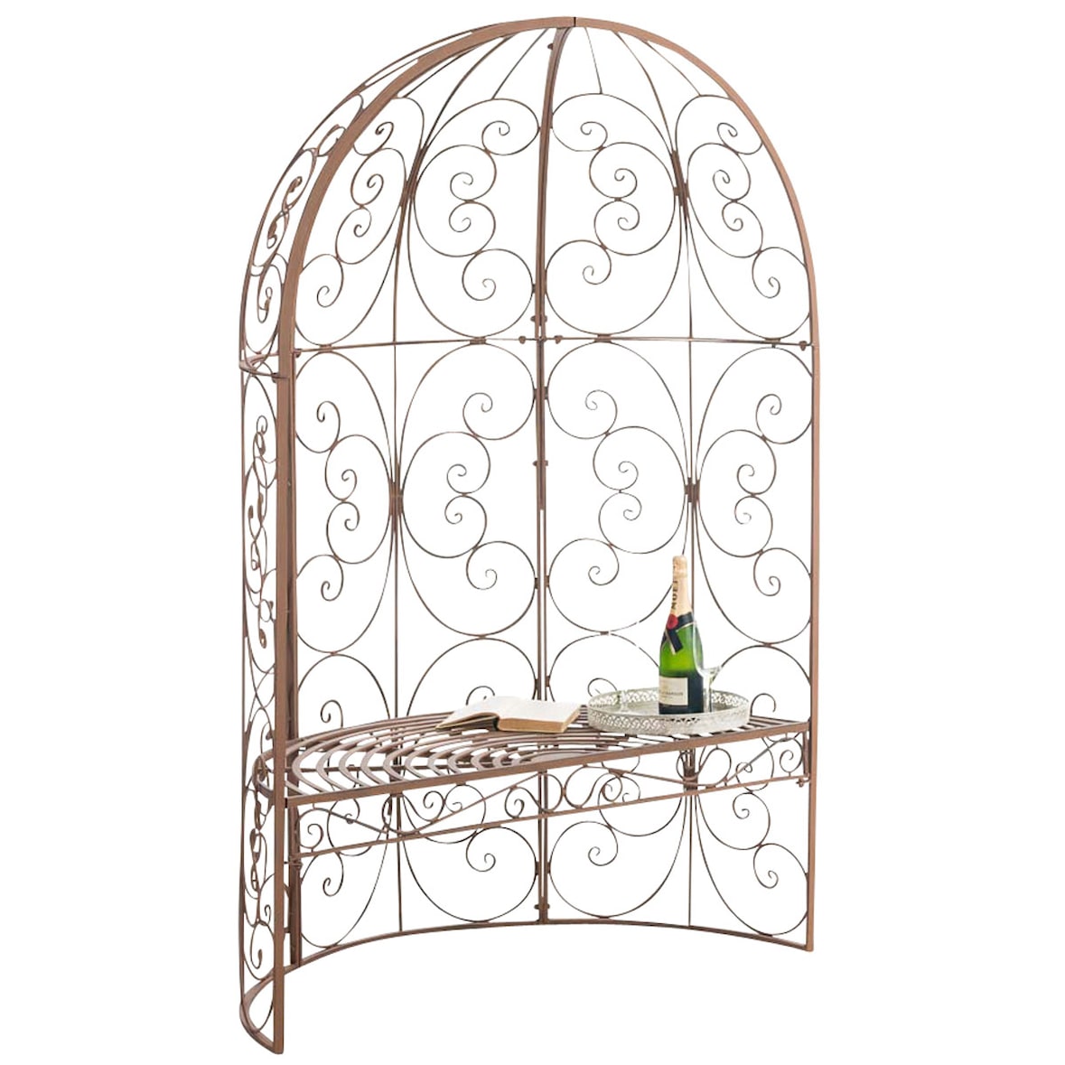 Halbpavillon mit Sitzbank BOSTON - Metall Antik braun 120x58x178 cm | Gartenbank Mit Lehne Rankhilfe Etallbank Mit Überdach