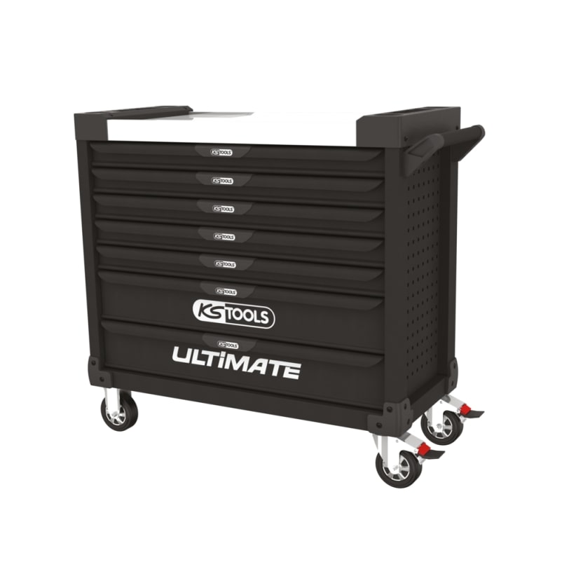 KS TOOLS - 816.0005 - Servante d'atelier Vide Ultimate XL 7 tiroirs - Caisse à Outil - Couleur Noir - Plateau INOX - Porte flacons