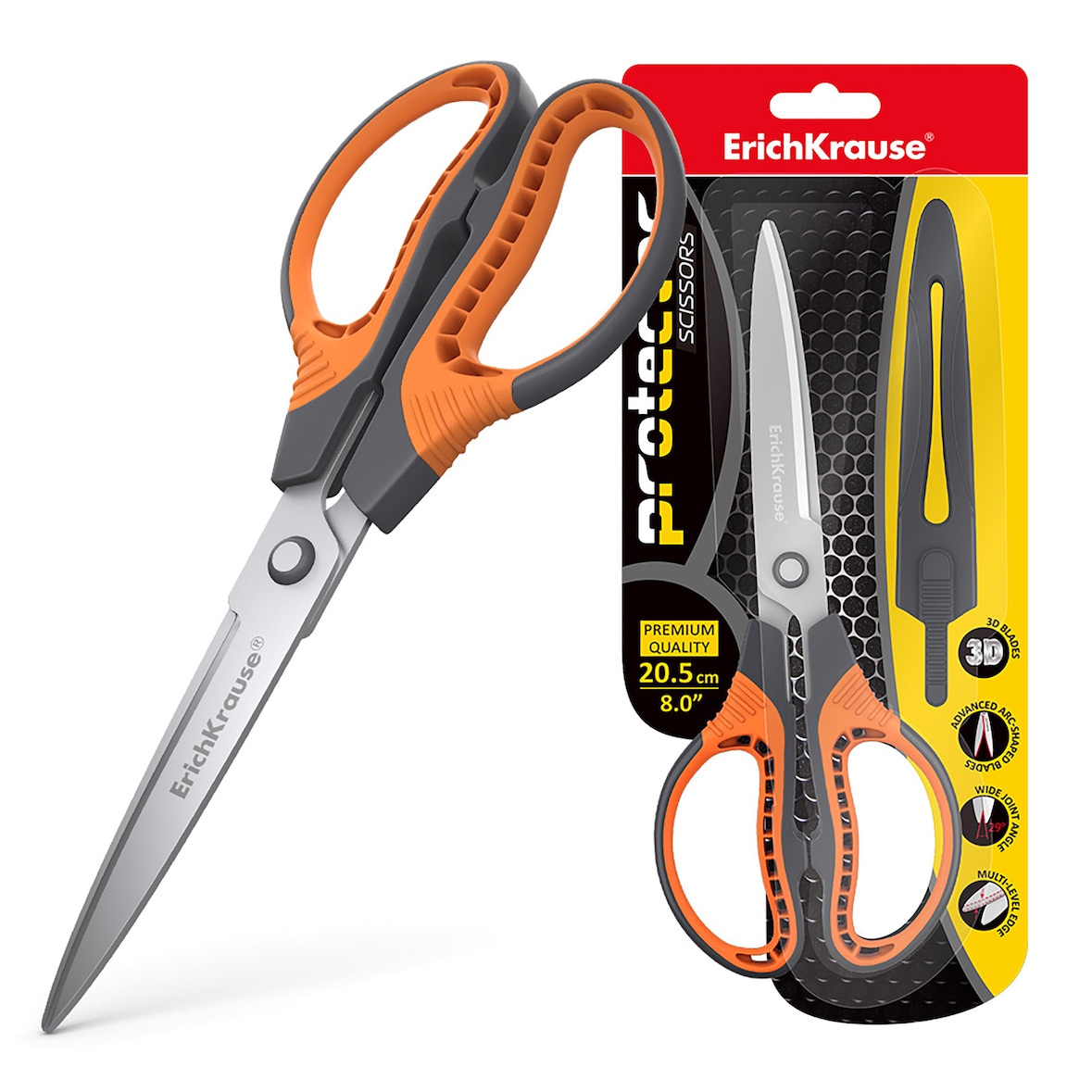 1 Schere 21cm rostfrei 3D Klingen mit Schutzhülle und weitem Gelenkwinkel Universalschere Allzweckschere Bastelschere für Büro Schule Orange Grau