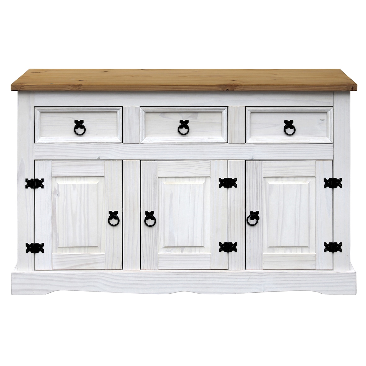 Möbilia Sideboard | 3 Schubladen, 3 Türen | Kiefer massiv | weiß-braun | B 130 x T 45 x H 80 cm