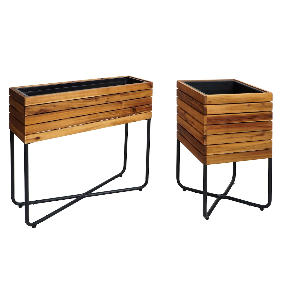 Set di 2 fioriere HWC-L25, fioriera rettangolare quadrata per esterni in acciaio e legno di acacia certificato MVG, marrone