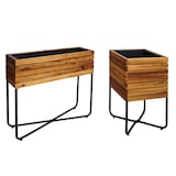 thumbnail of Set di 2 fioriere HWC-L25, fioriera rettangolare quadrata per esterni in acciaio e legno di acacia certificato MVG, marrone