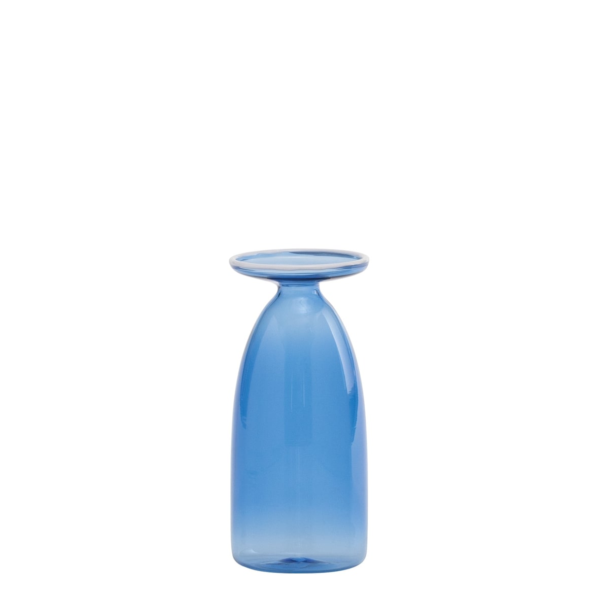 Jarra artesanal Un Fiore em vidro borossilicato soprado à mão, capacidade de 22 cl, cor azul claro, design elegante com boca alargada decorada.
