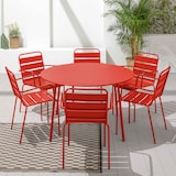 thumbnail of Set van ronde tuintafel en 6 rode metalen stoelen