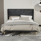 thumbnail of Polsterbett 160x200 mit grauem Kopfteil, stabiles Bettgestell ohne Boxspring, niedriges Profil, modernes Design, stilvolles Schlafzimmermöbel Grau