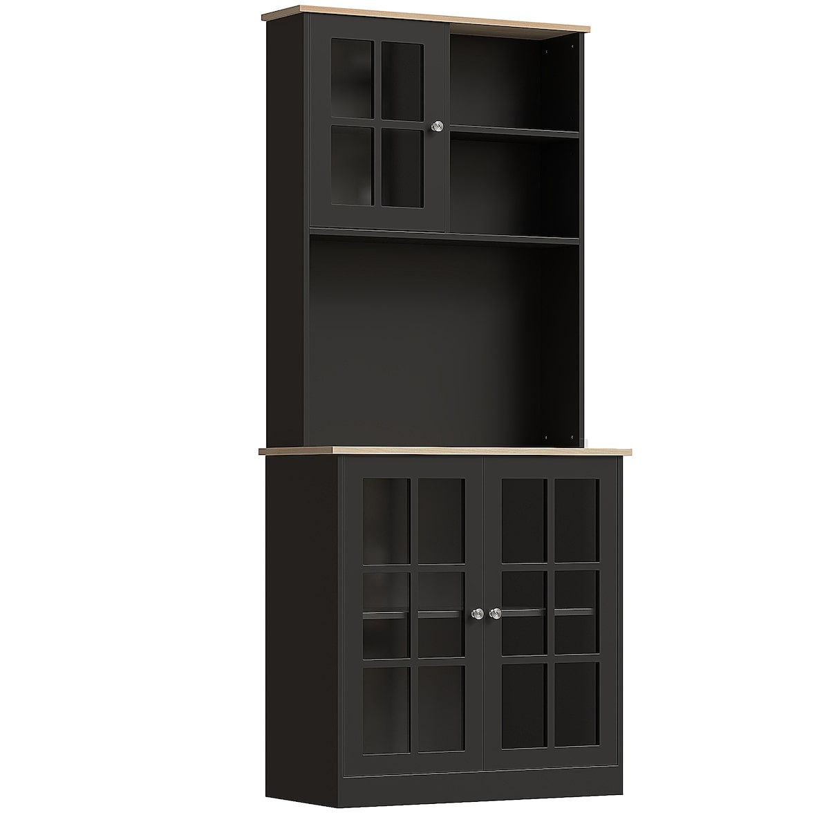 HOMCOM alacena de cocina, mueble auxiliar de cocina, 3 puertas de vidrio, encimera abierta para microondas, estantes ajustables, 80x37x183 cm, negro