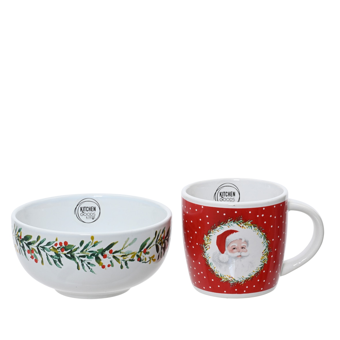 2x Frühstücksgeschirr Steingut - Schüssel & Tasse Set mit Weihnachtsmotiv Weihnachtsgeschirr Geschirr für Weihnachten Frühstück Schale Becher Weiß Rot