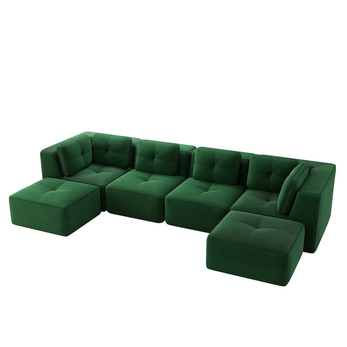 Merax 4-Sitzer Modulares Sofa mit 2x Hocker, Cloud Sofa Cord rahmenlos, Lounge Sofa bodennah, mit breiten Armlehnen, Grün