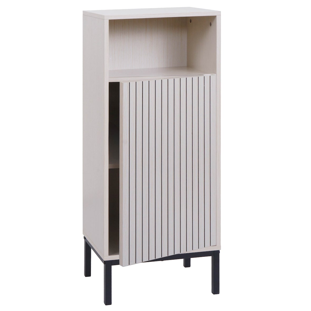 Kommode HWC-O42, Badezimmerkommode Badschrank Schrank mit 1 Tür, 3 Staufächer, MDF Melamin 98x39x30cm ~ Holzoptik beige