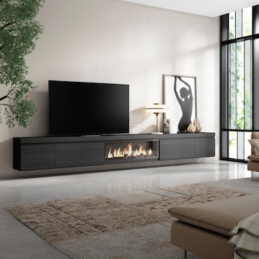 Skraut Home | TV-Meubel, Lowboard | Woonkamer, Eetkamer | 317x45x35 cm | Elektrische haard XXL | Hangend | Moderne stijl | Cement