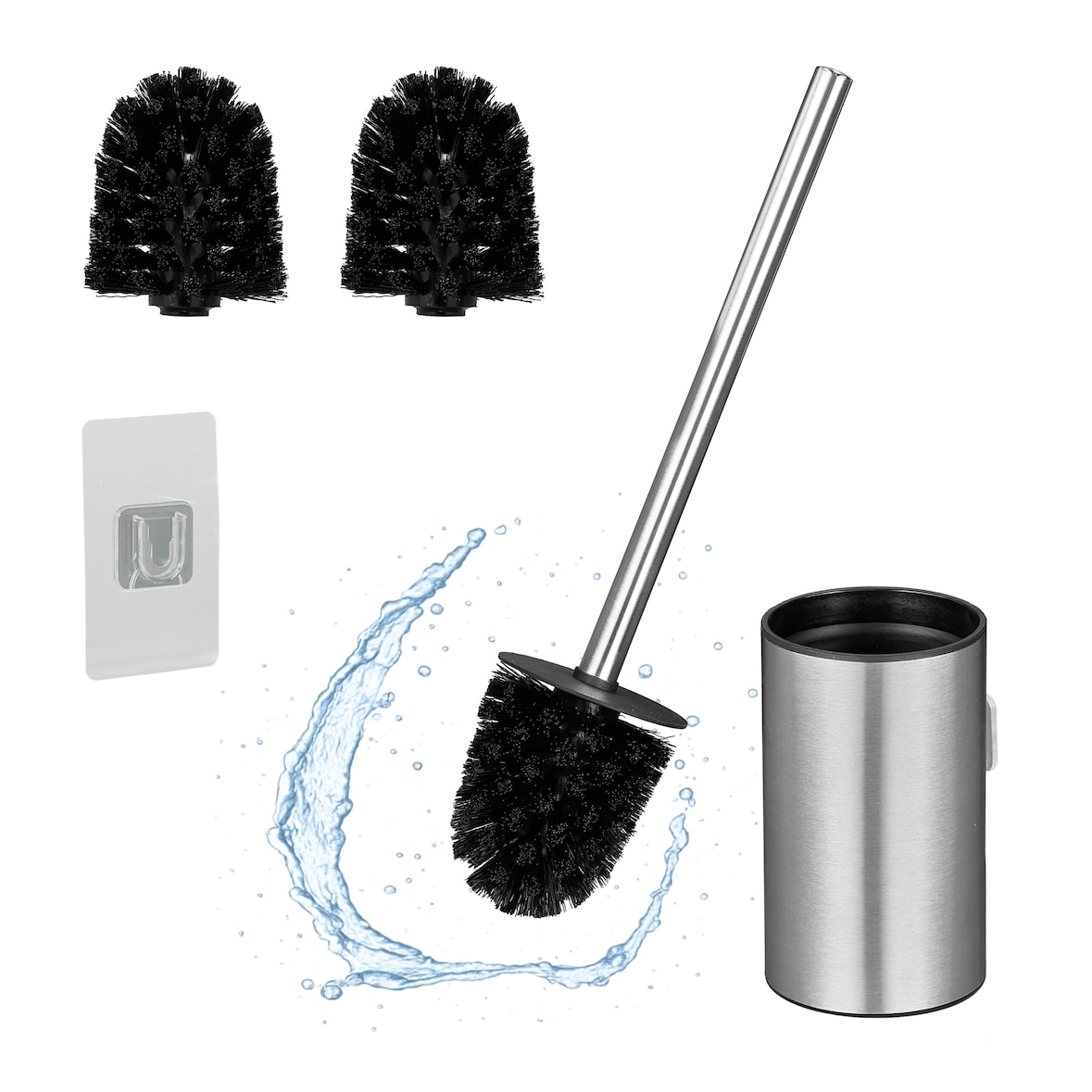 Relaxdays Toilettenbürste Wandmontage, zum Kleben, HxBxT: 40,5 x 9 x 10 cm, WC-Bürste, Edelstahl, Kunststoff, silber