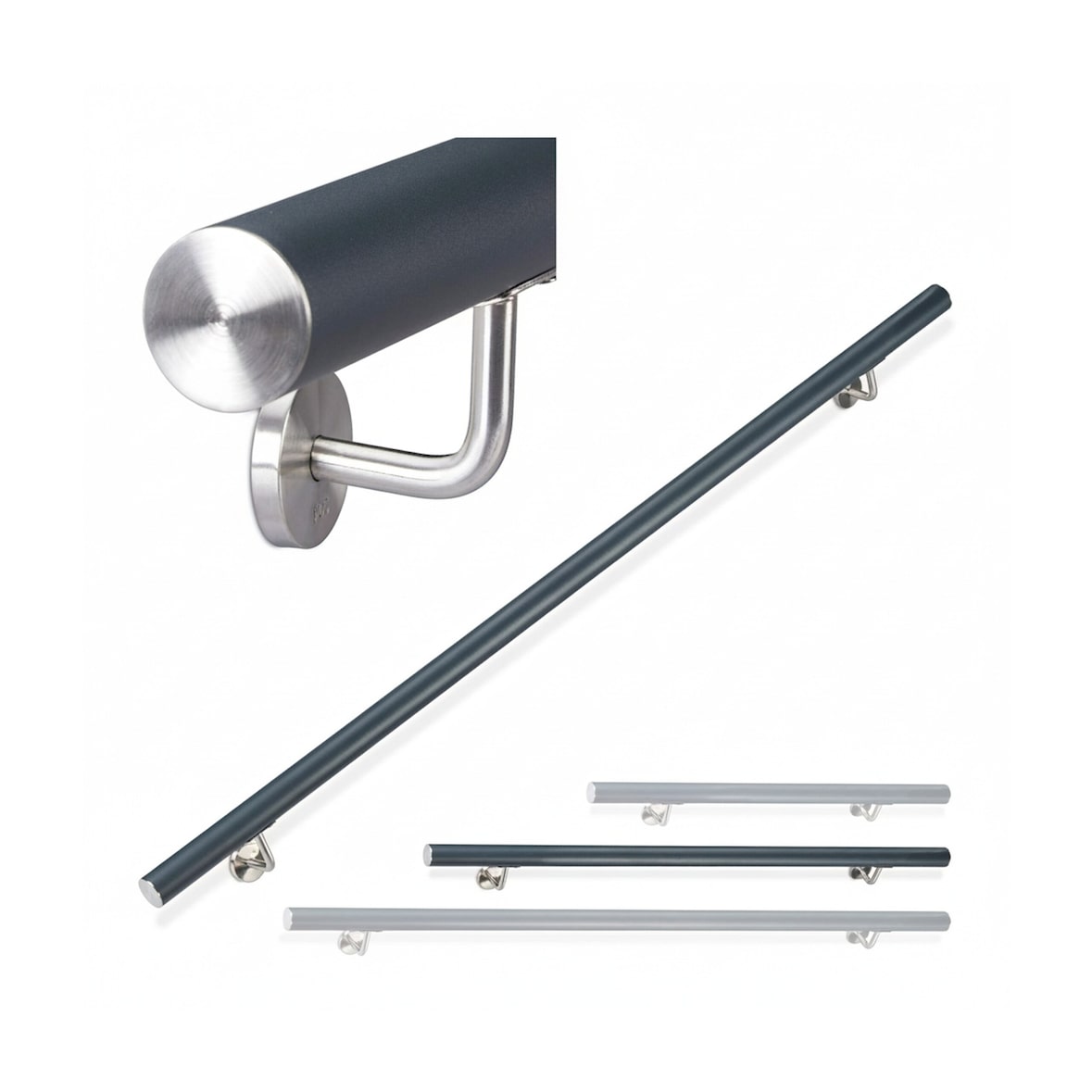Relaxdays Handlauf Aluminium, rund, Treppengeländer innen & außen, matt, 150 cm, Ø 42mm, mit Wandhalterung, anthrazit