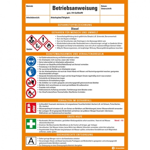 Betriebsanweisung Diesel, CLP/GHS, Kunststoff, 210x297mm, ASR A1.3, DIN EN ISO 7010