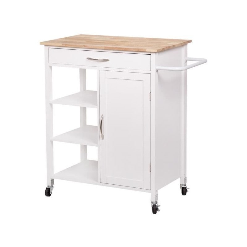 Desserte De Cuisine 1 Porte 1 Tiroir 3 En Hevea - Blanc Laque - L 74 X P 47 X H 91 Cm - Enzo