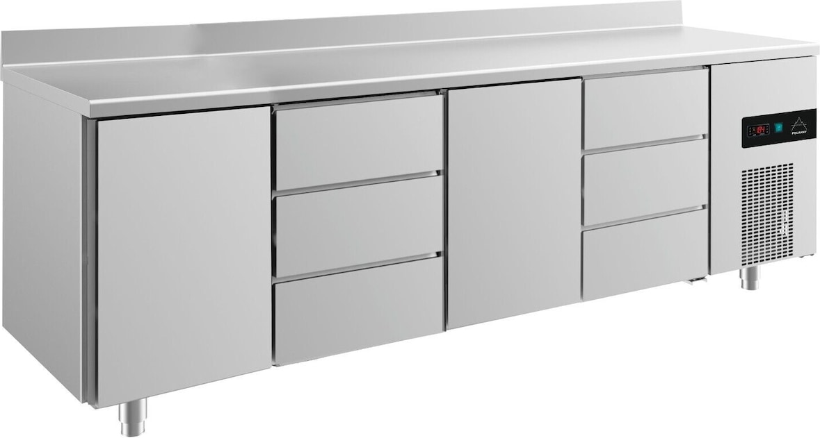 Gastro Kühltisch 2 Türen links&mittig je 3 Schubladen mittig&rechts Umluftkühlung Aufkantung, 2330x700x850mm -2/+8°C Edelstahl