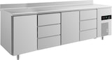 thumbnail of Gastro Kühltisch 2 Türen links&mittig je 3 Schubladen mittig&rechts Umluftkühlung Aufkantung, 2330x700x850mm -2/+8°C Edelstahl