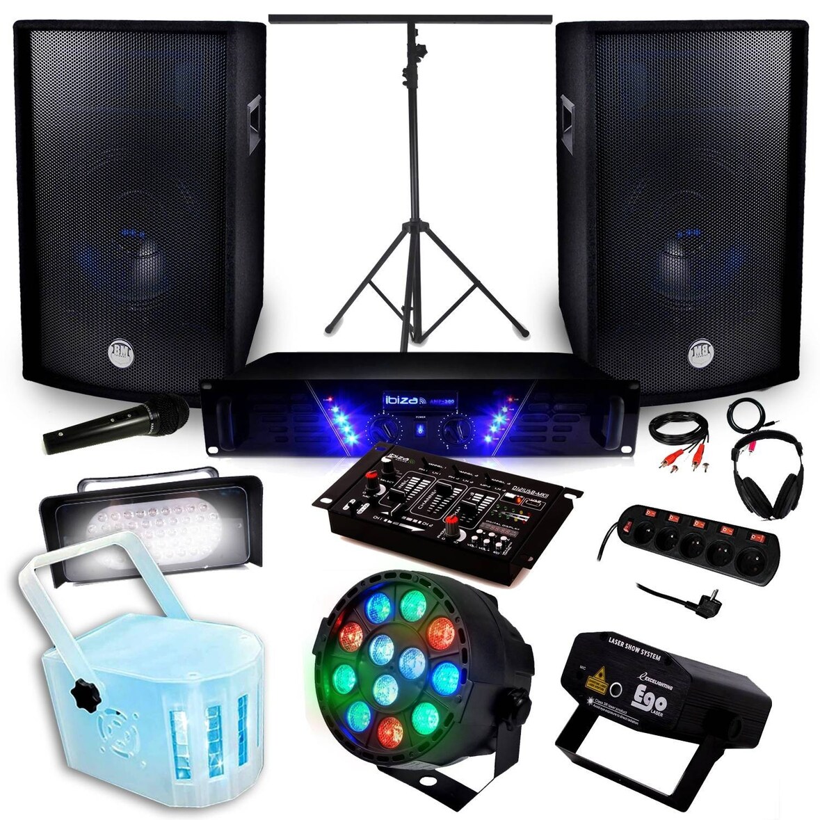 Pack Sono + Light Ampli AMP-300 + HP BMS-12 de 2x600W + Pack 4 lumières Derby KOLOR RVB Strobe Laser PAR-MINI