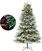 Ein künstlicher Weihnachtsbaum mit Schnee und Zapfen.