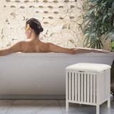 thumbnail of Relaxdays Wäschekorb mit Sitz, Badhocker, Landhausstil, 40 l Wäschesammler, Holz & Stoff, HxBxT: 53 x 41 x 41 cm, weiß