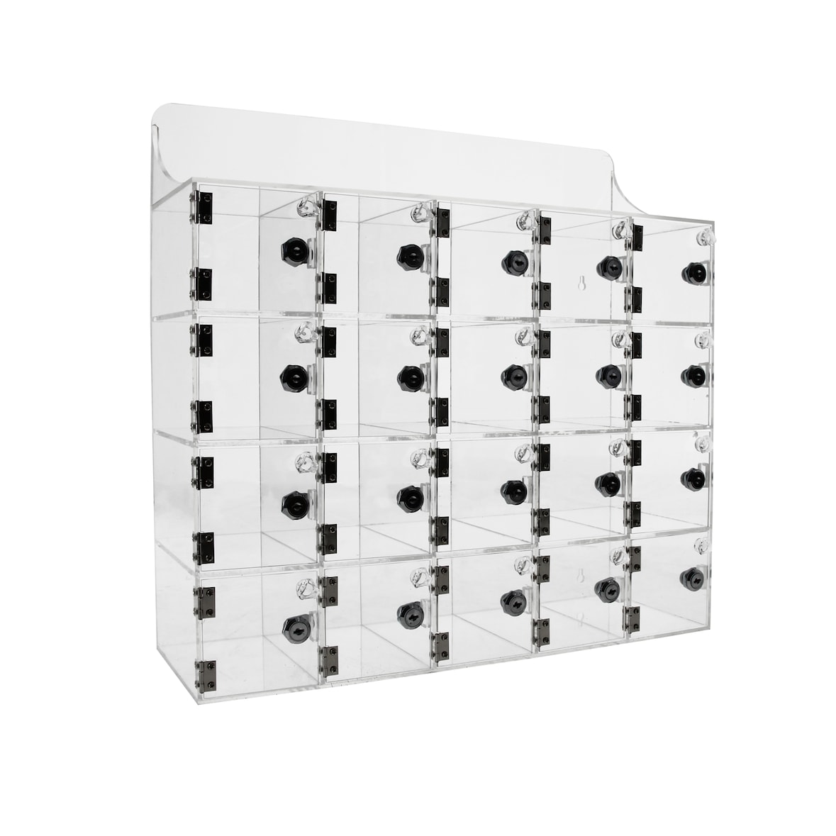 Casillero con 20 compartimentos transparentes con llave para teléfonos u objetos personales