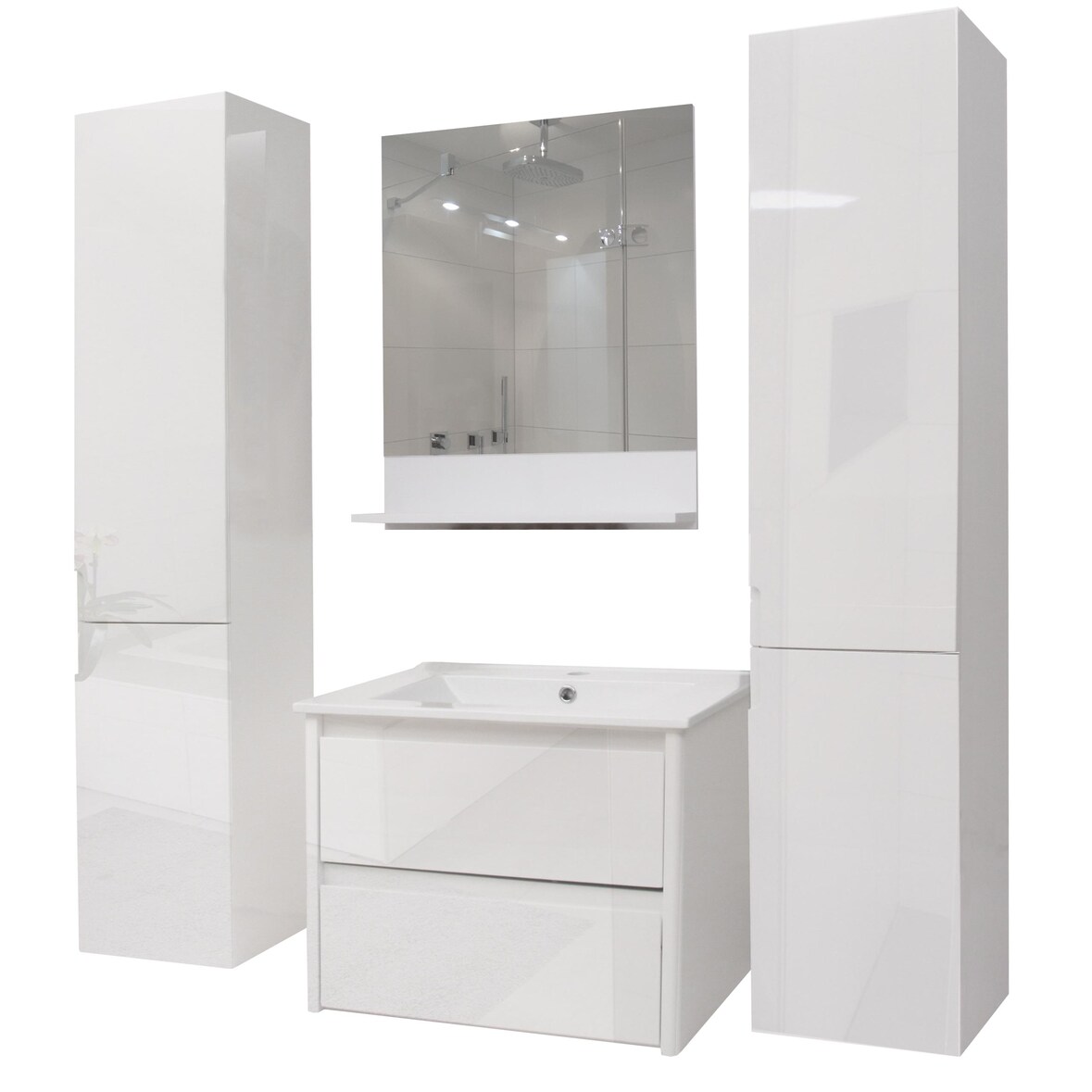 Badkamer set HWC-B19, wastafel wandspiegel 2x bovenkast, hoogglans ~ wit