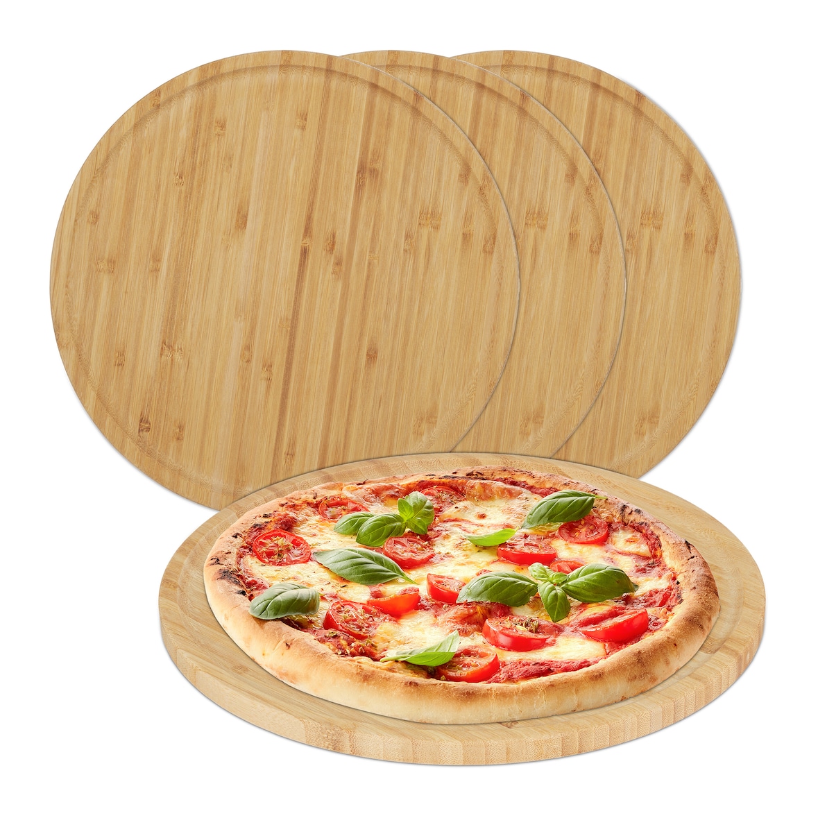 Relaxdays Pizzateller, 4er Set, Bambus, Ø 32 cm, Servierbrett für Pizza, Flammkuchen, Käse, rundes Pizzabrett, natur