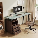 thumbnail of Merax Schreibtisch 130×50×75 cm, Bürotisch mit gehärteter Glasplatte, 3 Schubladen & offenem Ablagefach, Metallgestell, modern, Braun