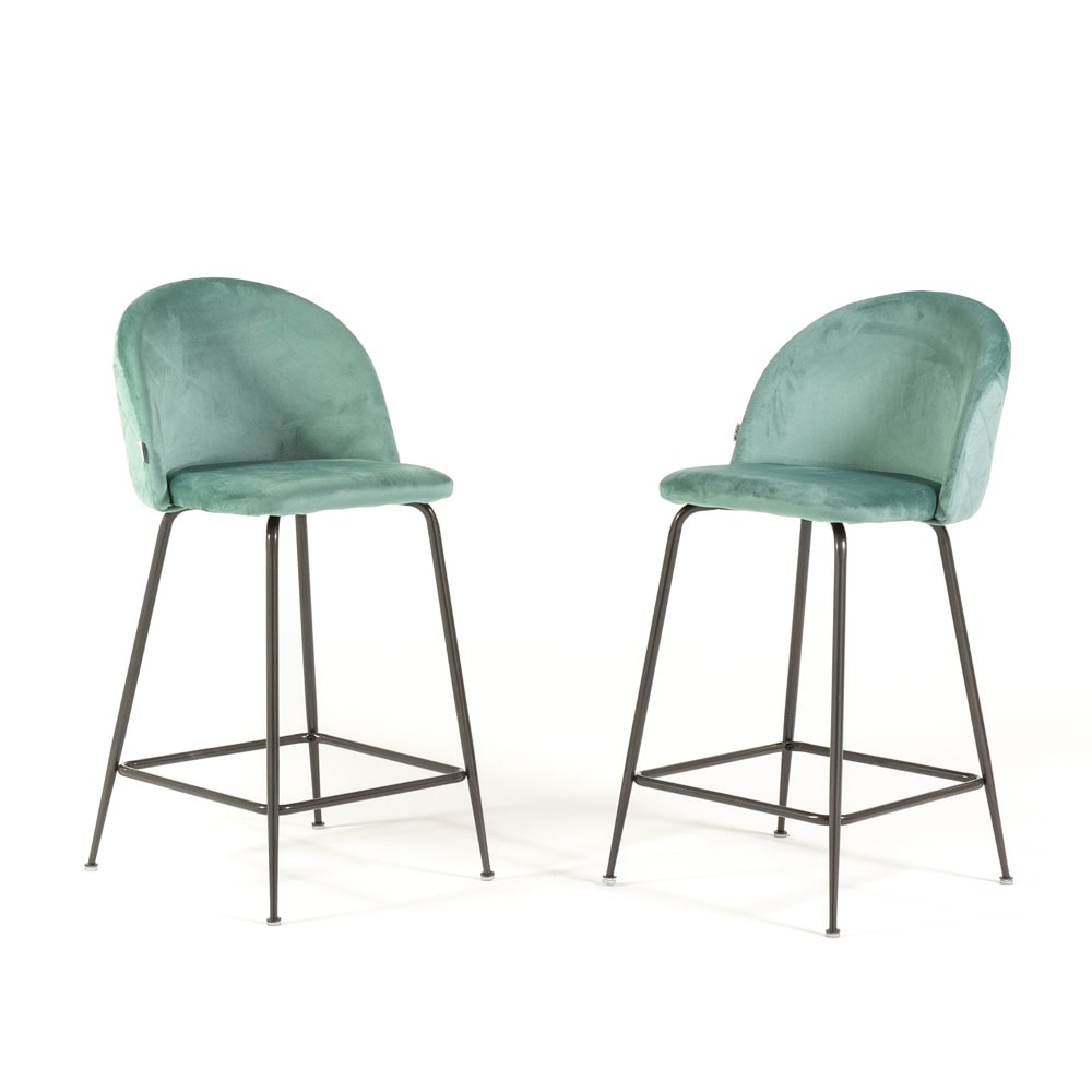 Set 2 sgabelli da bar imbottiti in velluto, gambe in metallo, h.65cm, per bar, ristoranti e cucina, design elegante -Sara XL-Verde giada/Grigio