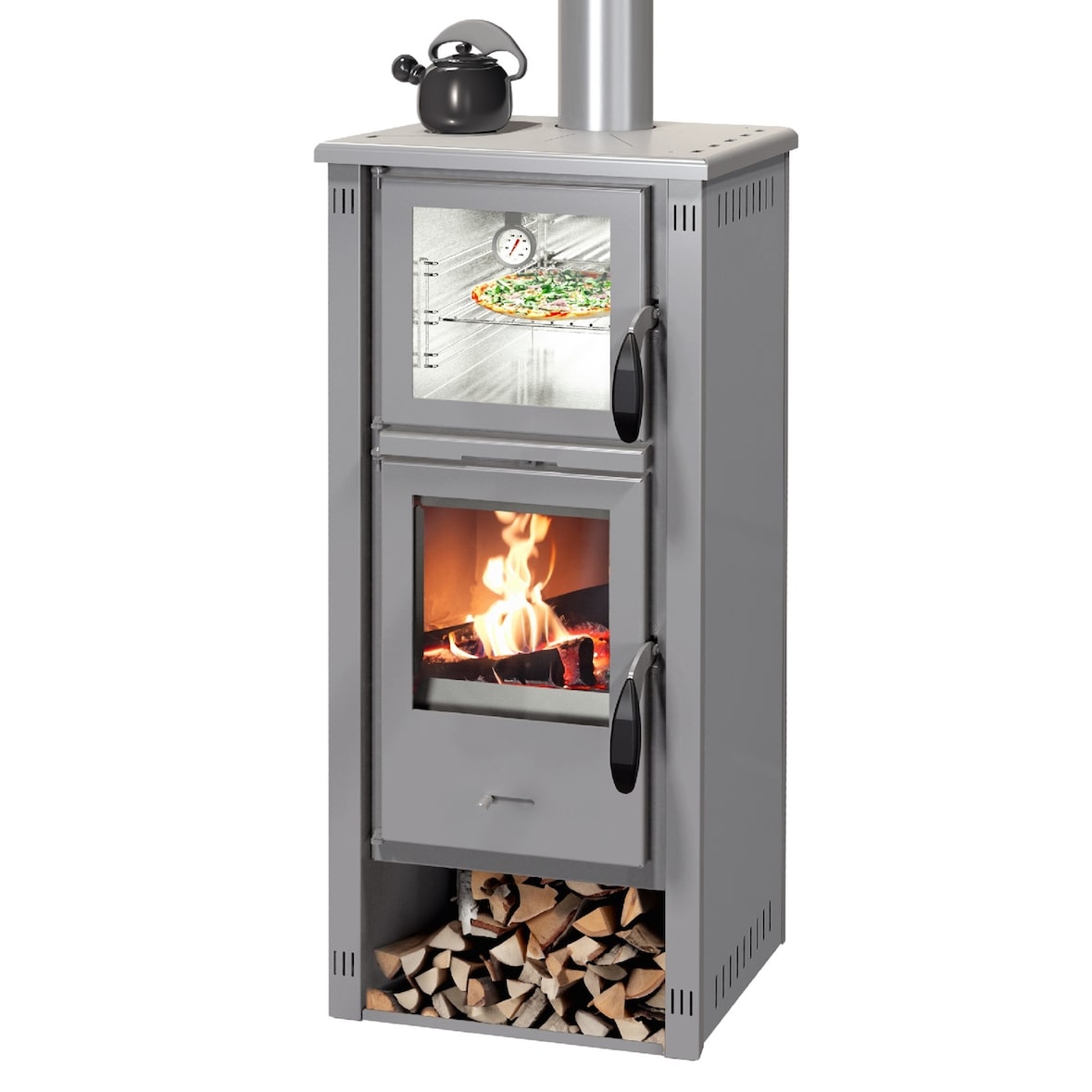 EEK A+ Kaminofen mit Backfach Pella SG Metall grau - 5,4kW